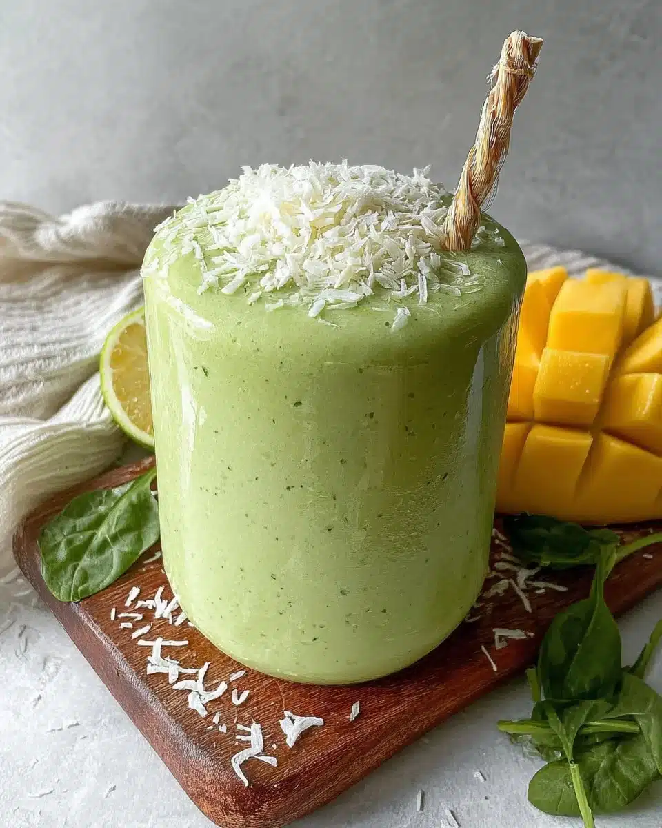 Mango spinach smoothie in a glass with fresh ingredients