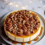 Sliced Maple Pecan Cheesecake topped with pecans and maple syrup