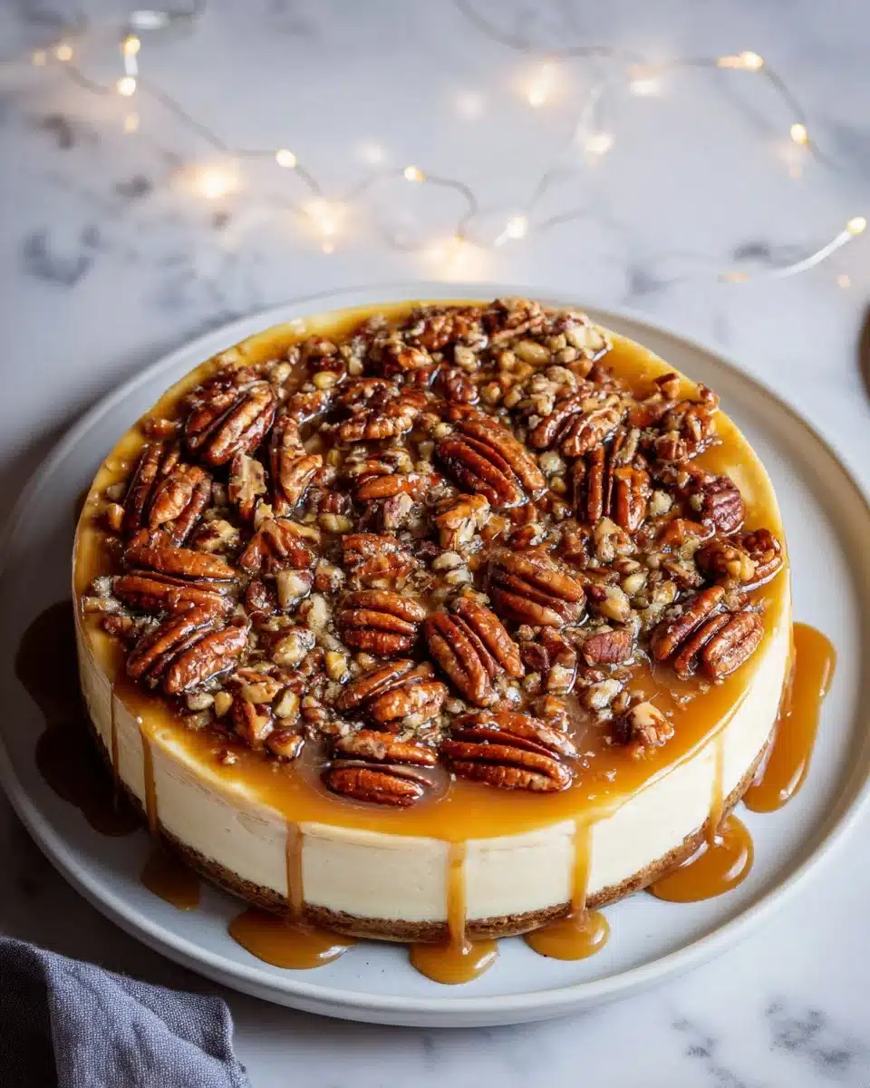 Sliced Maple Pecan Cheesecake topped with pecans and maple syrup