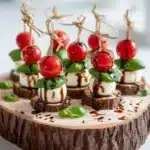 Mini Caprese Skewers with mozzarella, basil, and cherry tomatoes on a platter