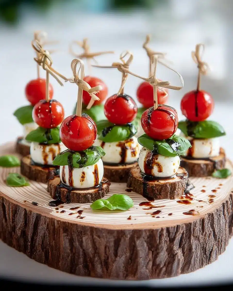 Mini Caprese Skewers with mozzarella, basil, and cherry tomatoes on a platter