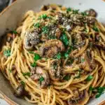 Delicious Mushroom Garlic Butter Pasta garnished with fresh herbs