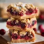 Delicious oatmeal cranberry bars with oats and cranberries on a wooden table.
