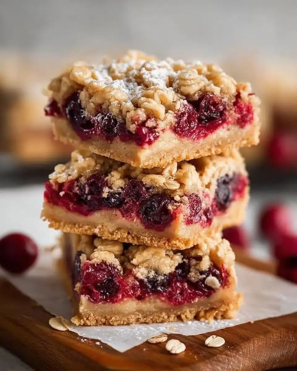 Delicious oatmeal cranberry bars with oats and cranberries on a wooden table.