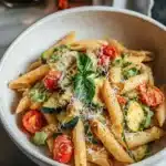 Colorful one pot veggie pasta dish with fresh vegetables and herbs