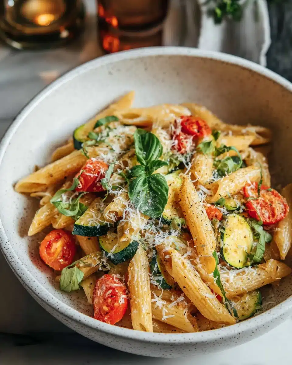 Colorful one pot veggie pasta dish with fresh vegetables and herbs
