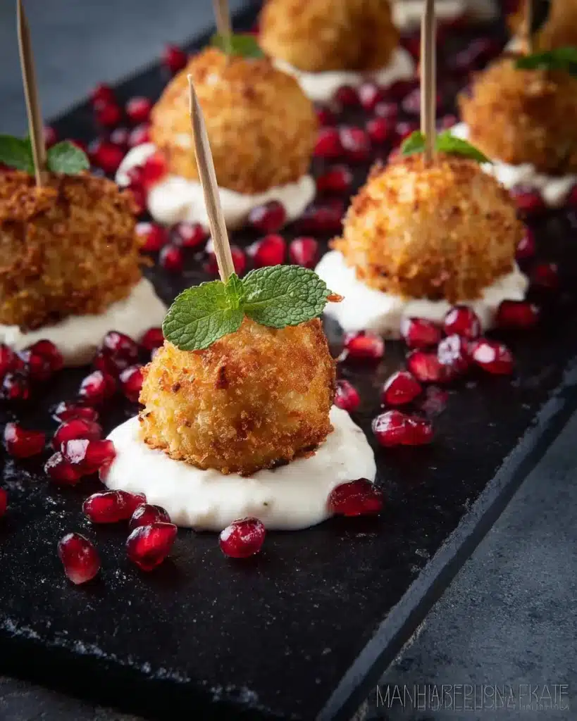 Golden brown Parmesan rice balls served on a platter.