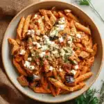 Delicious plate of Pasta alla Norma with eggplant, tomatoes, and basil