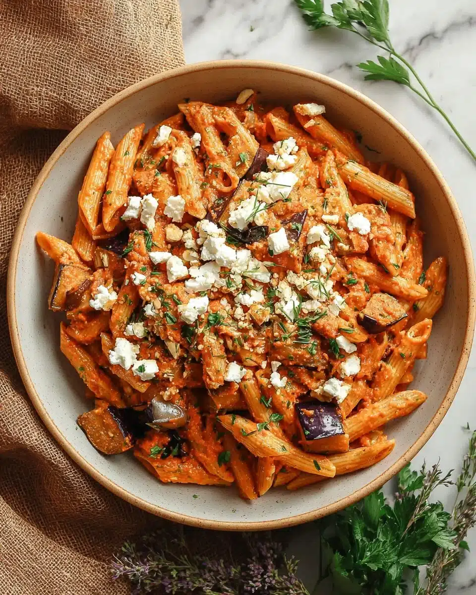 Delicious plate of Pasta alla Norma with eggplant, tomatoes, and basil