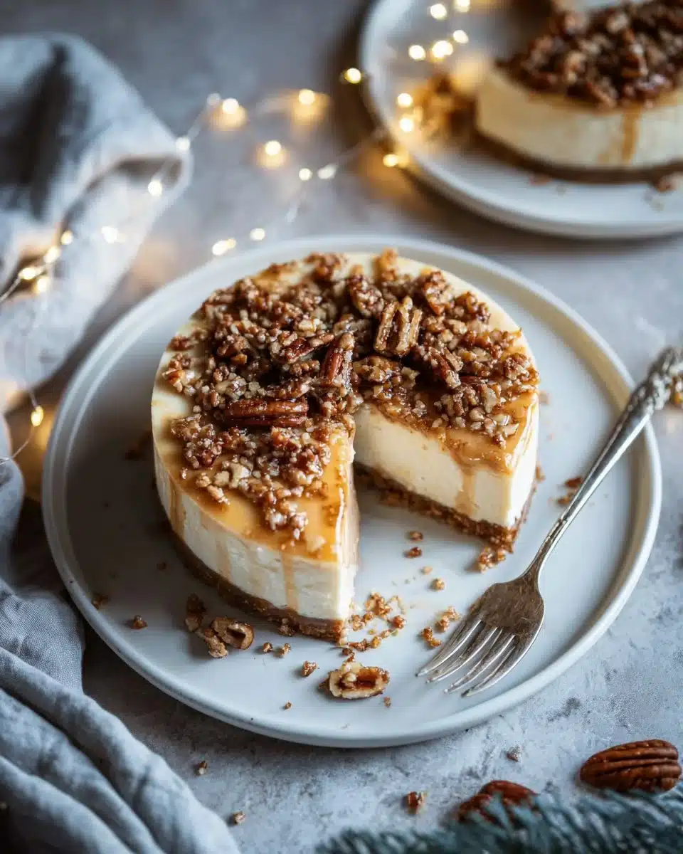 Slice of pecan pie cheesecake topped with whipped cream and pecans.