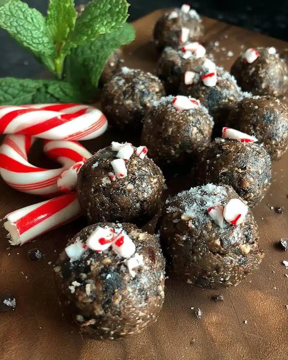 Peppermint mocha energy bites on a wooden table with festive decorations