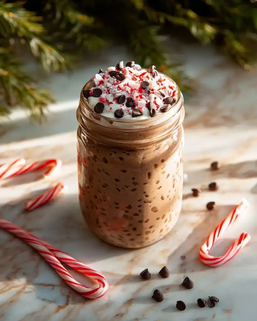 Delicious peppermint mocha overnight oats served in a glass jar with festive toppings.