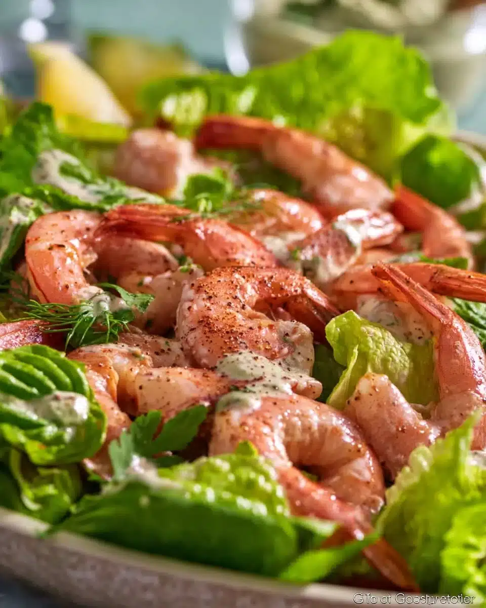 Prawn cocktail with avocado served in a dish garnished with herbs.