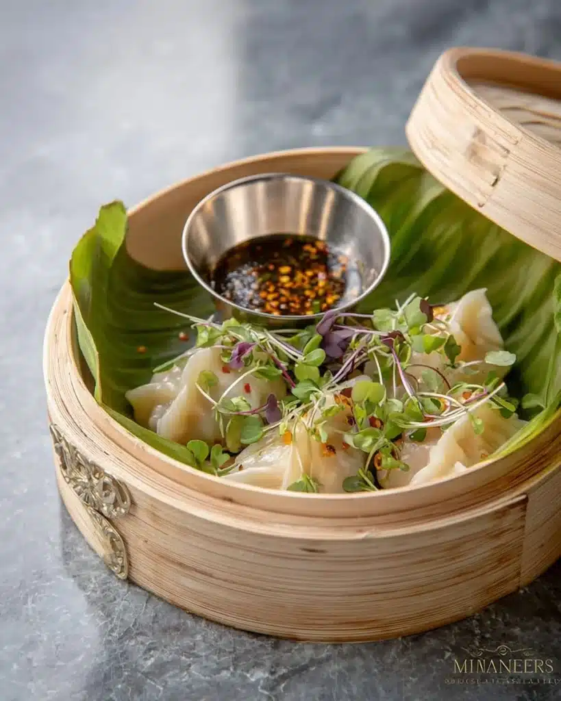 Prawn dumplings served with soy and mirin dipping sauce