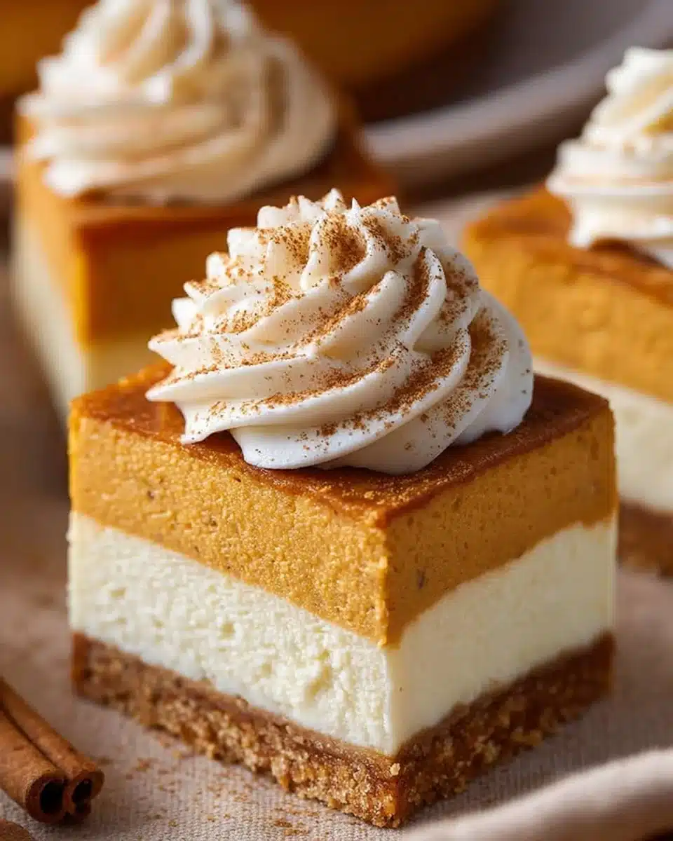 Delicious pumpkin pie cheesecake bars topped with whipped cream and spices