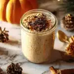 Bowl of pumpkin pie overnight oats topped with spices and pumpkin seeds
