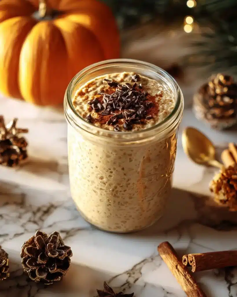 Bowl of pumpkin pie overnight oats topped with spices and pumpkin seeds
