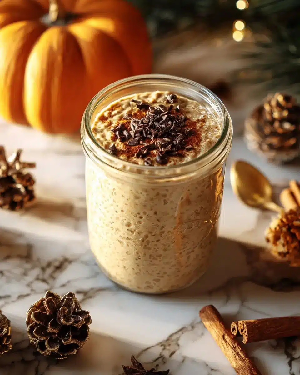 Bowl of pumpkin pie overnight oats topped with spices and pumpkin seeds