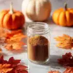 Homemade pumpkin pie spice mix jar with cinnamon, nutmeg, and cloves