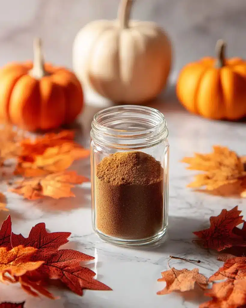 Homemade pumpkin pie spice mix jar with cinnamon, nutmeg, and cloves