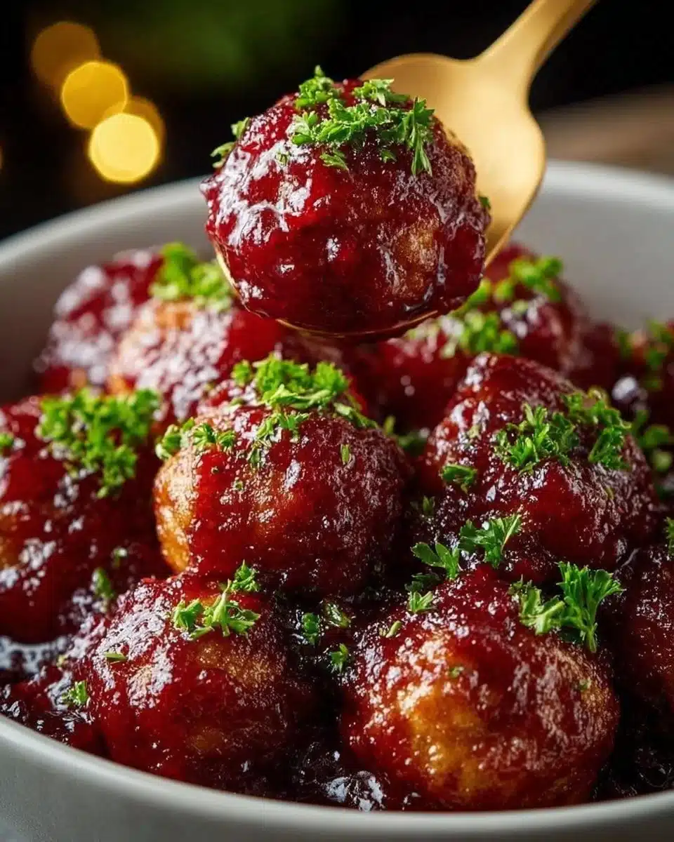 Plate of quick cranberry meatballs garnished with parsley