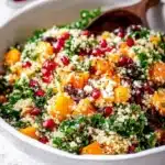 Quinoa salad with pomegranate, kale, and butternut squash served in a bowl