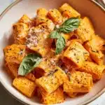 Plated Red Pepper Pasta with fresh herbs and a sprinkle of cheese