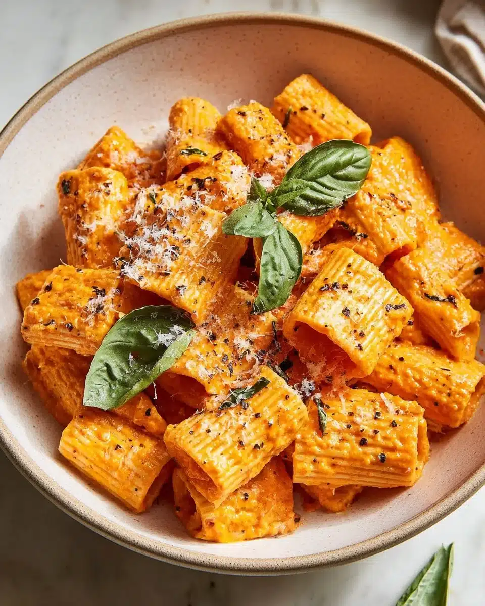 Plated Red Pepper Pasta with fresh herbs and a sprinkle of cheese