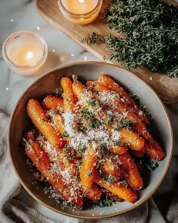 Plate of roasted garlic and Parmesan carrots, showcasing a tasty side dish.