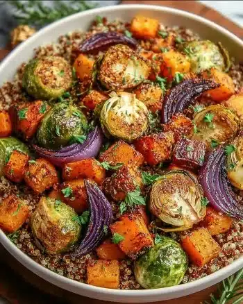 A colorful Roasted Winter Vegetable Nourish Bowl filled with seasonal veggies and grains.