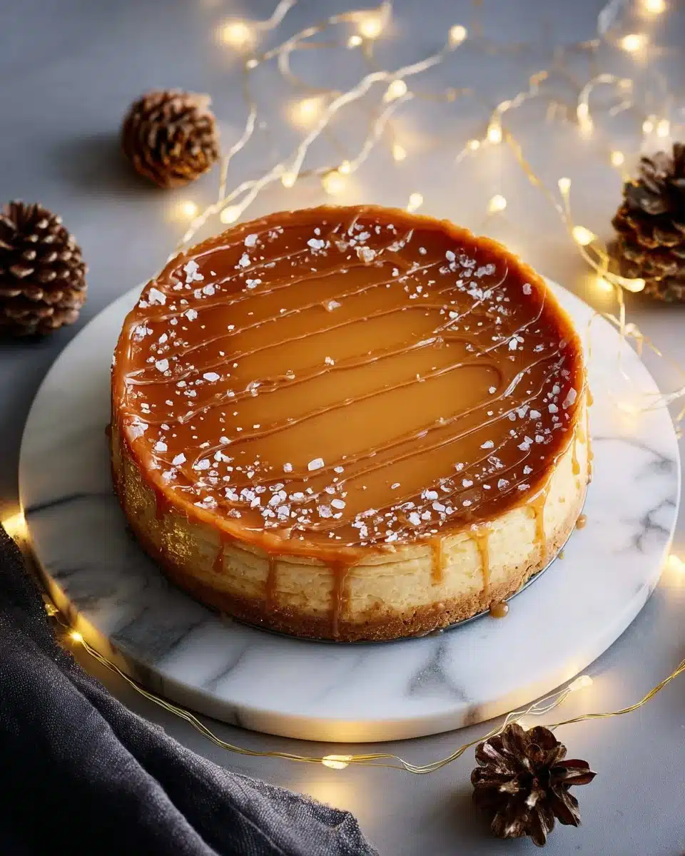 Delicious salted caramel cheesecake topped with drizzle and sea salt