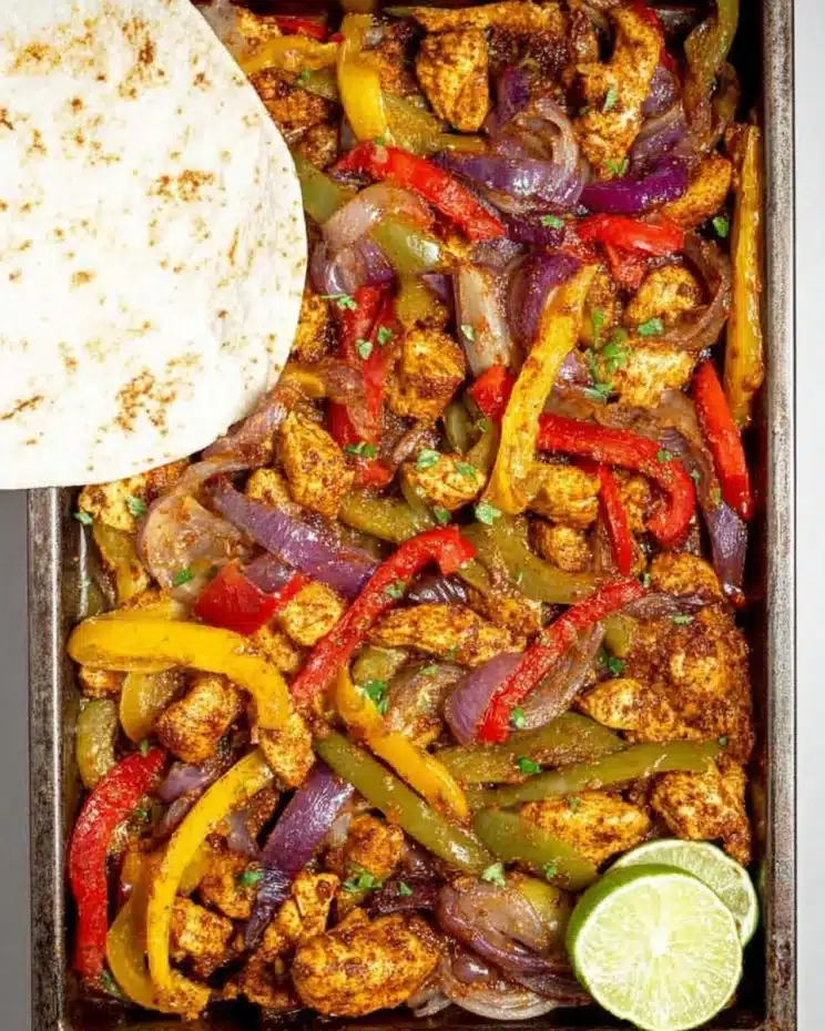 Sheet pan meal of chicken fajitas with peppers and onions ready to serve.