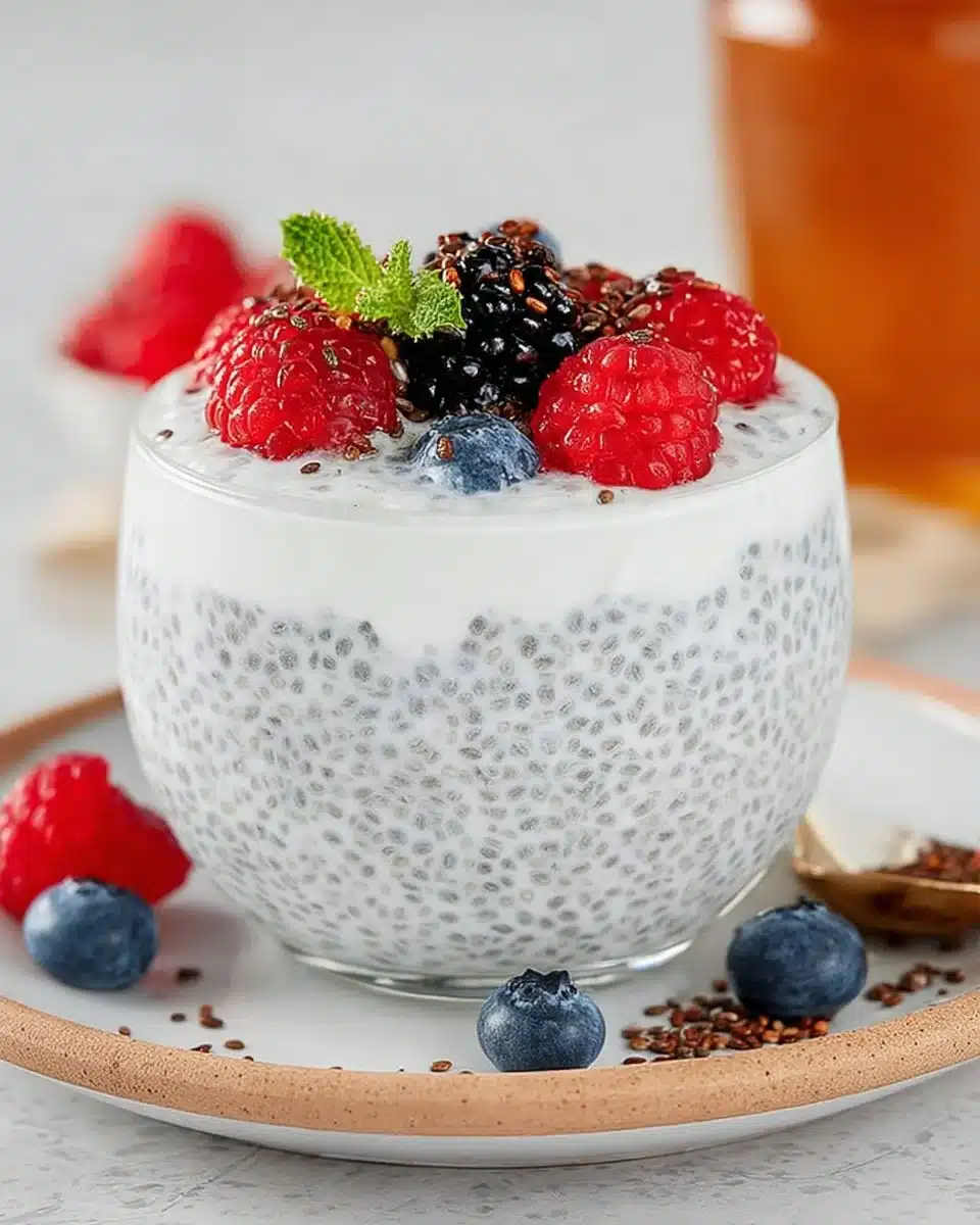 Delicious simple chia pudding topped with Greek yogurt and vanilla sprinkles