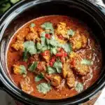 Slow cooker chicken tikka masala served with rice and garnished with cilantro.