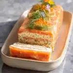 Delicious homemade smoked salmon terrine served with fresh herbs and lemon.
