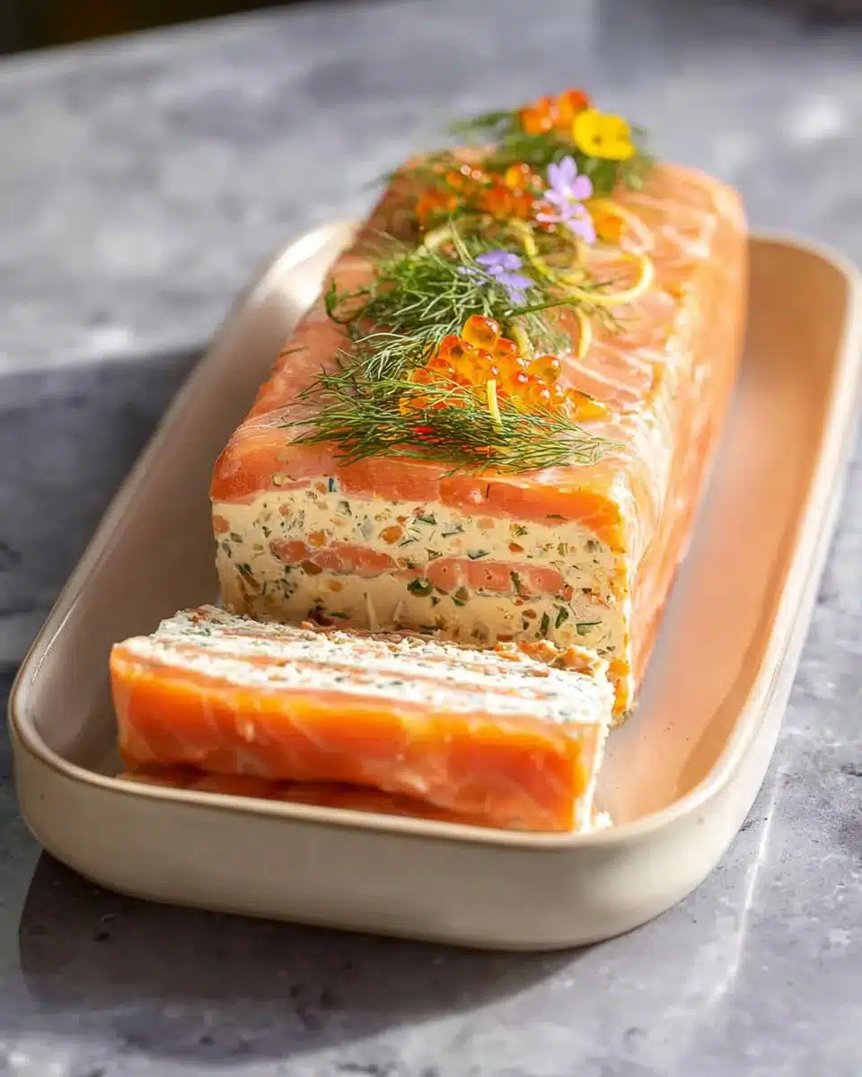 Delicious homemade smoked salmon terrine served with fresh herbs and lemon.