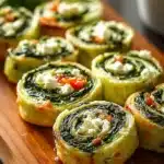 Spinach feta pinwheels on a platter, ready to serve as a tasty appetizer.