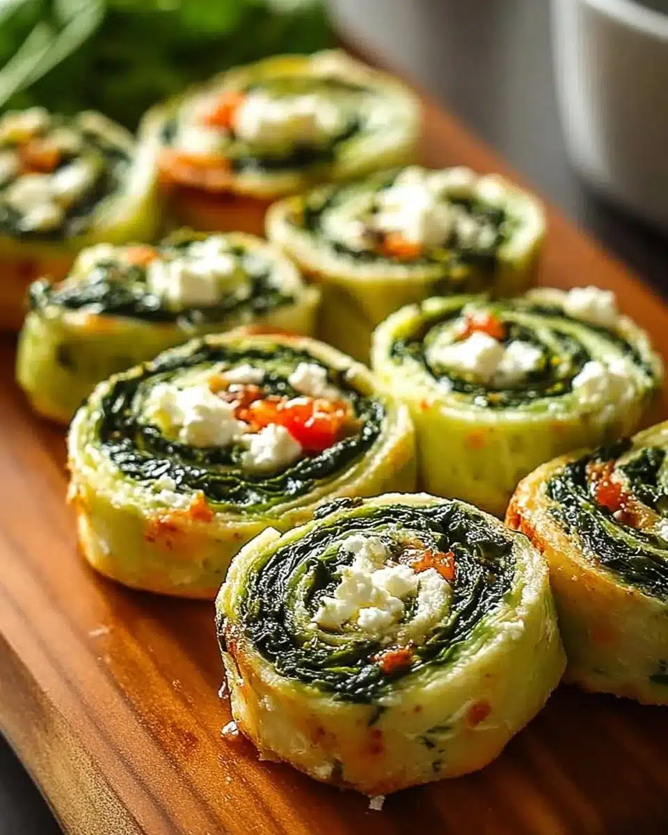 Spinach feta pinwheels on a platter, ready to serve as a tasty appetizer.
