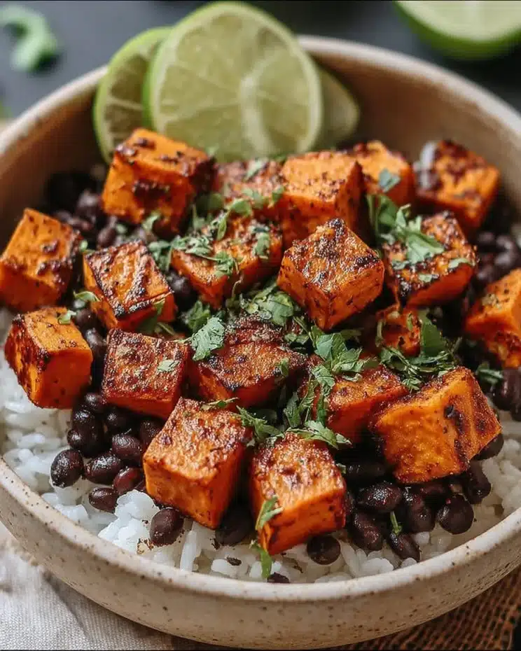 Sweet potato and black bean bowl topped with fresh vegetables.