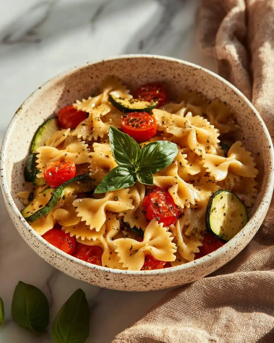 Delicious Tomato Zucchini Pasta served in a bowl with fresh herbs and Parmesan cheese