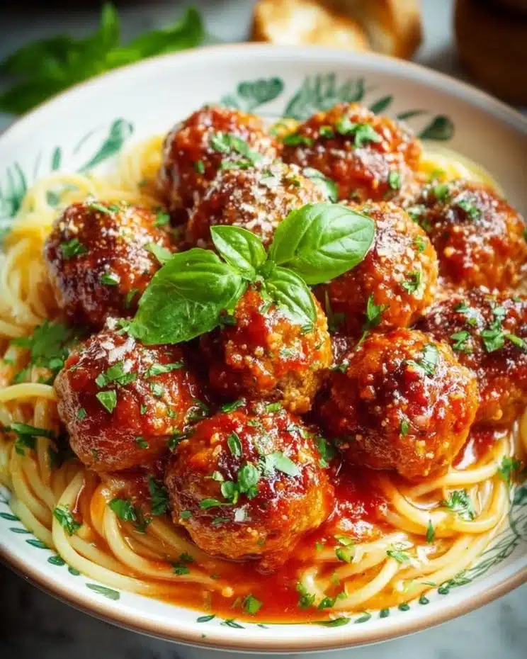 Turkey meatballs served in rich tomato sauce with herbs and spices
