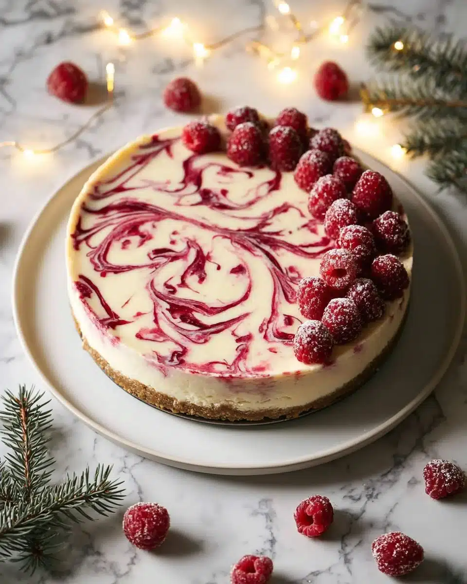 Delicious slice of white chocolate raspberry cheesecake on a plate