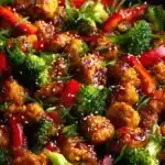 Sheet pan sticky sesame chicken with broccoli ready to serve