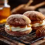 Delicious apple cider whoopie pie cookies drizzled with caramel sauce.
