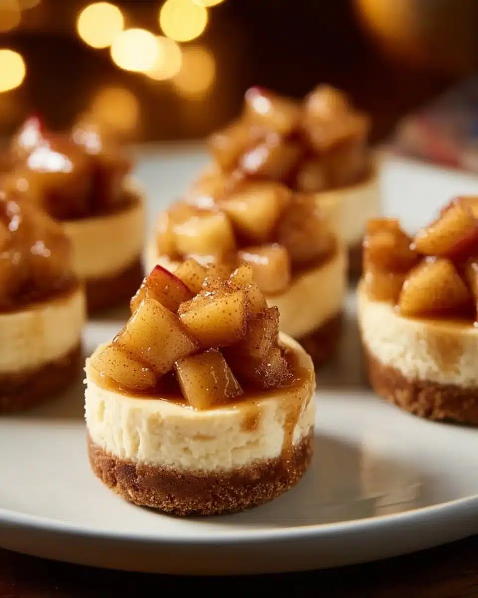 Delicious apple crisp mini cheesecakes topped with crumbly apple topping