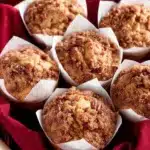 Apple muffins with pecan crumble topping on a wooden table