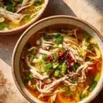 Bowl of fragrant ginger garlic chicken noodle soup with fresh herbs.