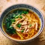Bowl of Authentic Chinese Chicken Noodle Soup with fresh ingredients