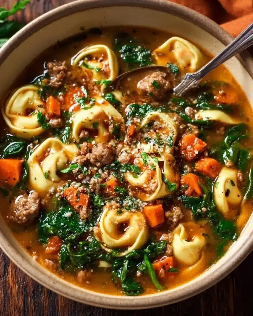 Bowl of autumn tortellini soup with sausage, garnished with herbs.