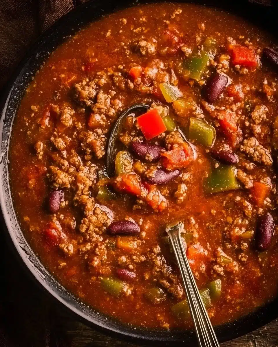 A bowl of best homemade chili topped with cheese and herbs, served with cornbread.